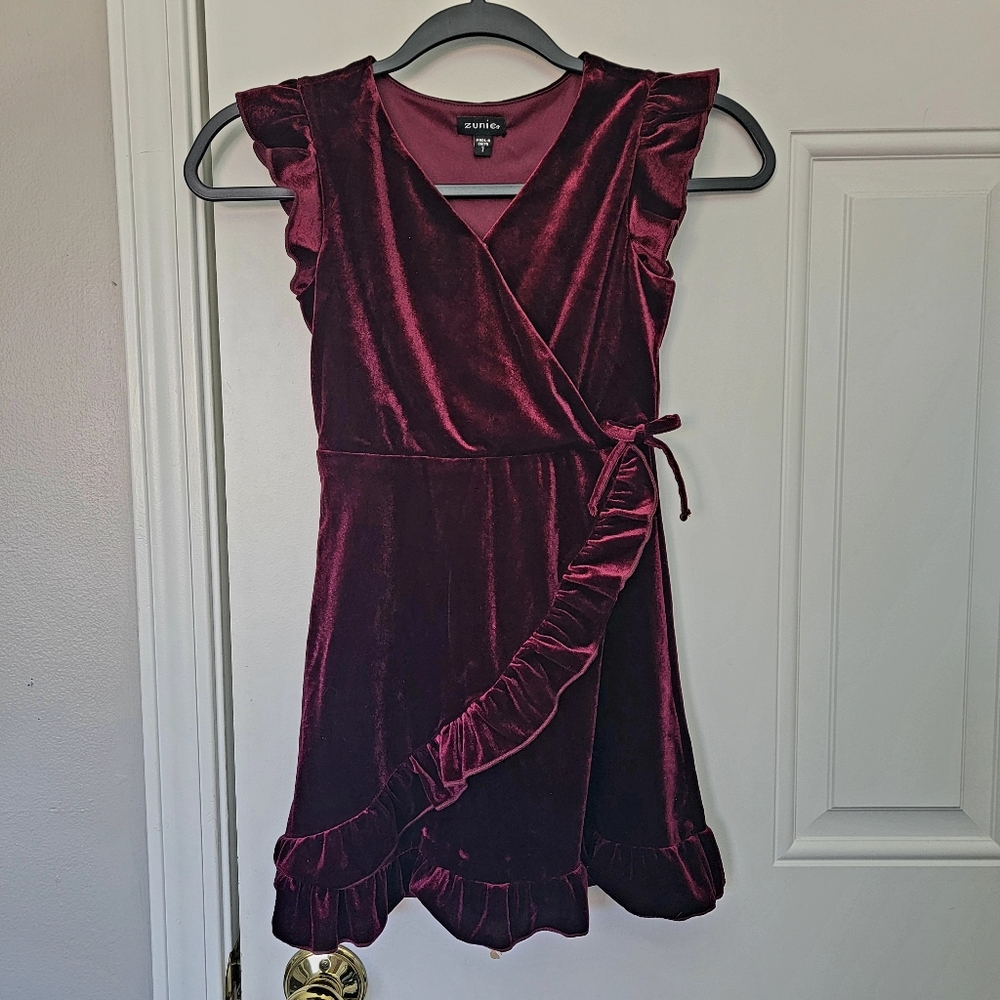 Zunie Girls Burgandy Ruffled Velvet Dress Holiday Wedding Christmas Size 7